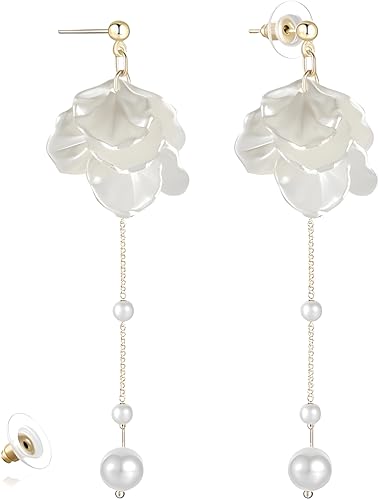 Seashell Pearl Flower Dangle Earrings for Women - Elegant Double Layer White Freshwater Pearl Bridal Jewelry, Lightweight Sparkly Golden Stud Drop Earrings for Wedding/Beach/Summer Party2