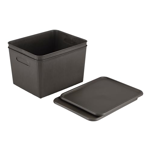 Image of Kolorr Ribbed Baskets Large Pack of 2 With 2 Standard Lid (Non-Airtight Loose-Fit Cover) Multipurpose Plastic Storage Baskets For Cloths Toys Wardrobe Home Kitchen & Livingroom I Dark Brown