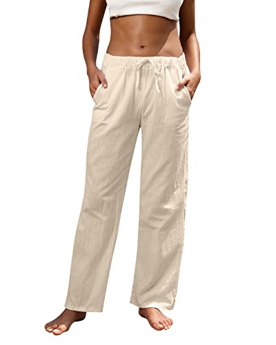 Women Linen Pants High Waisted Wide Leg Lounge Straight Summer Casual Loose Trousers with Pockets White