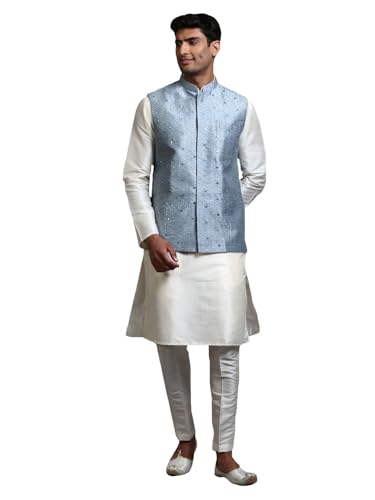 Image of VM Men's Grey And Cream Silk Blend Jacket, Kurta and Pyjama Set