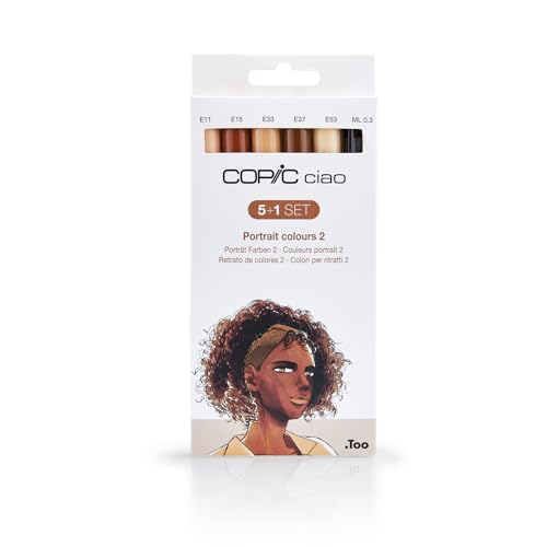 COPIC Ciao 5+1 Set «Portrait Colours 2», 5 rotuladores dobles con punta mediana y punta de pincel, incl. Multiliner negro 0,3 mm