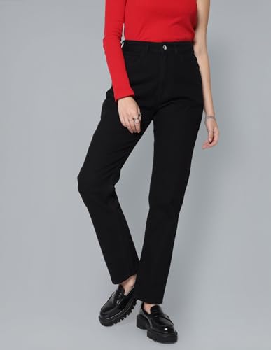 Image of Flying Machine Women's Straight Fit Jeans| Solid | High Rise | Stretchable | Jeans for Woman