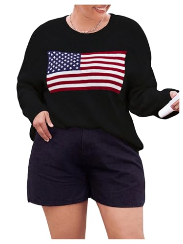 Image of MakeMeChic Women's Plus Size American Flag Sweater Long Sleeve Crew Neck Knitted Fall Sweaters Black X-Large Plus