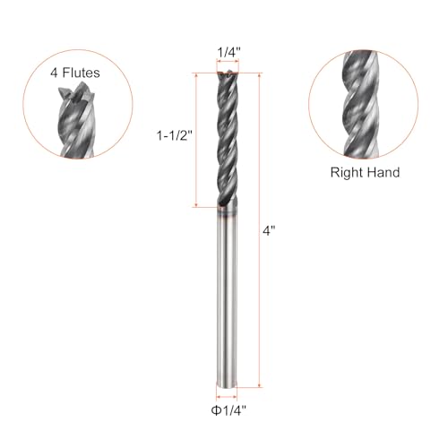 Image of HARFINGTON Carbide Square Nose End Mill Bit 1 /4 inch Cut Dia 4 Flutes TiAlN Coated Milling Cutter for Hardened Steel Metal (1 /4 inch Shank 1-1 /2 inch Cut Length 4 inch Long 30 Degree Helix)
