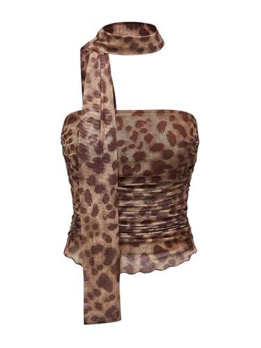 Milumia Women's Cheetah Print Tube Tops Y2k Strapless Mesh Bandeau Top with Scarf Going Out Club Rave
