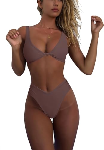 geluboao Coffee Thong Bikini Swimsuits for Women 2 Piece High Waisted V Neck Push Up Bathing Suit L