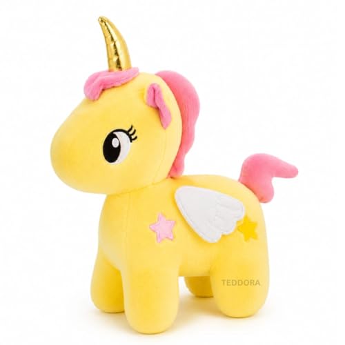 Image of Unicorn with Wings Soft Toy for Girls Boys Kids, Yellow, Animal Plush Stuffed Baby Teddy Gift Birthday, 30 cm