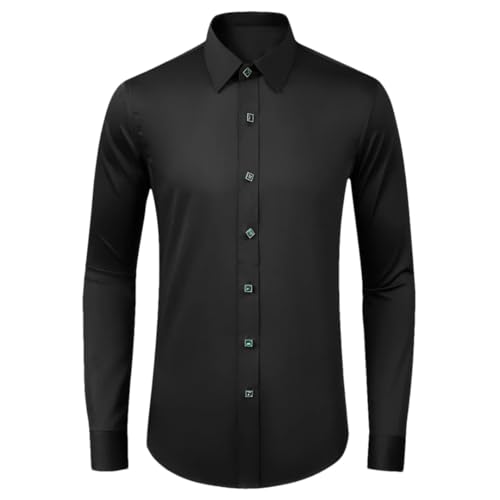 Män långärmad affärskläder skjortor bankett fest kändis strass knapp skjorta, Svart, 4XL