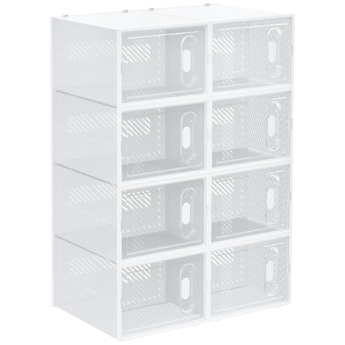 HOMCOM Juego de 8 cajas de zapatos organizadores con puertas magnéticas, caja de zapatos con tapa, almacenamiento de zapatos de plástico, para zapatos hasta la talla 45, transparente+blanco