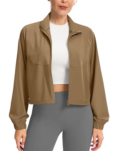 Soothfeel Women's Athletic workout Jacket Lightweight UPF 50+ Long Sleeve Sun Protection Shirts Zip Up Cropped Hiking Tops (Deep Khaki, M)