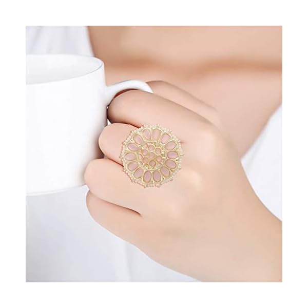 I Jewels 18k Gold Plated Traditional White Kundan & Pearl Studded Adjustable Finger Ring for Women (FL205) - Image 4