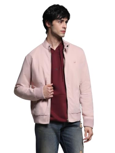 Image of Jack & Jones Men's Mock Collar Solid Cotton Casual Bomber Jacket, Standard Length