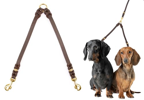 CopcoPet Fettleder-Doppelleine 50 cm x 15mm Schwarz – Koppel & Zwillingsleine für 2 Hunde – Robuste Verbindung mit 2 Messing Karabinern – Geflochten & langlebig – Für große Hunde