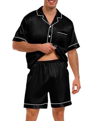 SWOMOG Men Satin Pajama Set 2 Pcs Loungewear Button Down Pjs Set Sleepwear Short-Sleeve Top and Shorts with Pockets3