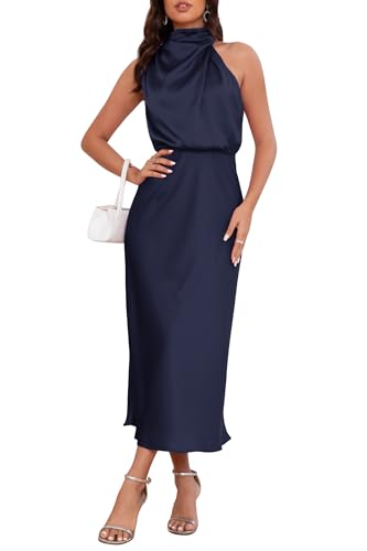 Image of Women's Satin Maxi Dress Summer Formal Wedding Guest Cocktail Dress | Mock Neck Sleeveless,Elegant Silk Midi Long Dress,High Neck,Halter,Aline,Bridesmaid,Bridal Shower Guest,Garden Party,Dinner