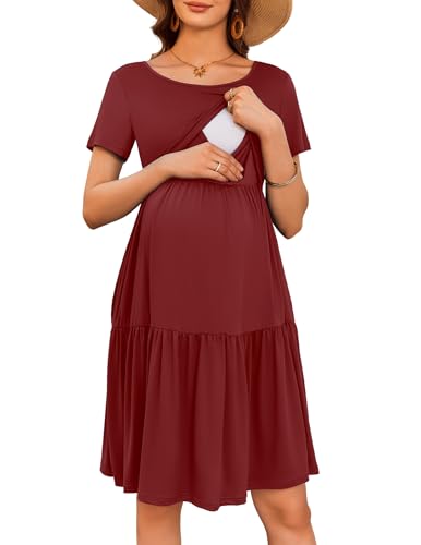 Image of Ekouaer Nursing Dress Summer Short Sleeve Breastfeeding Casual Knee Length Maternity Dresses S-XXL