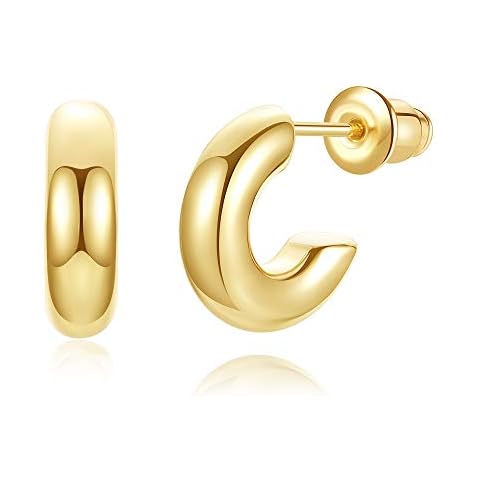 Wowshow Small Gold Hoop Earrings for Women Chunky Mini Thick Gold Hoops 14K Plated Gift for Women 13mm Cover