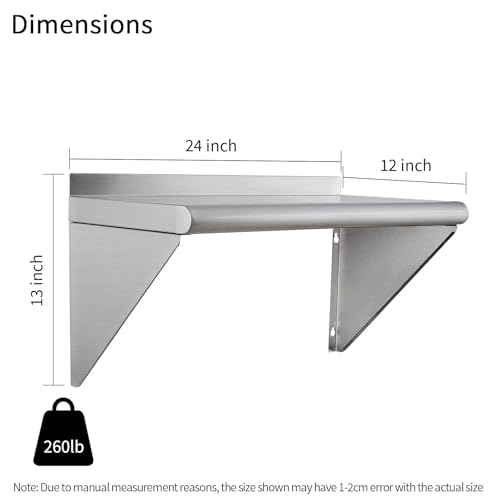 Image of Stainless Steel Shelf 12 inchx24 inch, Space-Saving Wall Mounted Shelving, 260lb Heavy Duty Steel Shelves with Easy-Clean Surface for Kitchen, Restaurant, Bar, Hotel (Commercial & Home Use)