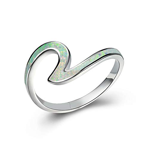 Blaike 925 Sterling Silver Wave Ring for Women, Blue Opal Wave Ring Size 5/6/7/8/9/10, Cubic Zirconia Rings Wave Ring Blue with Unique Design (white, 9)