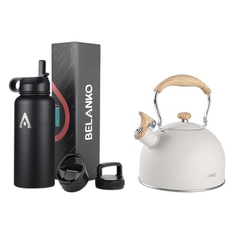 BELANKO 85 Oz Whistling Tea Kettle & 32 Oz Insulated Water Bottle - Stainless Steel, Leak Proof, for Home, Gym, Travel, Outdoor - Milk White & Black Cover
