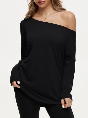 REORIA Womens Oversized Long Sleeve T Shirts 2025 Basic One Shoulder Neck Tee Fall Tops Casual Y2K Clothes2