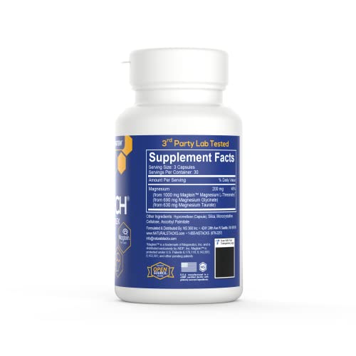 Natural Stacks Magtech Magnesium Supplement - Magtein Magnesium L-Threonate For Memory - Glycinate For Sleep- Taurate For Cramps & Recovery - Triple Blended 100% Chelated Magnesium Complex, 90 Count #TOP2
