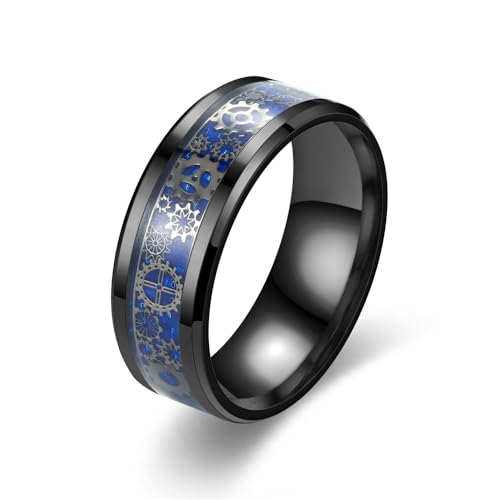 YAHOYA 8mm Noir Poli incrusté Bleu Fibre de Carbone et Noir engrenage Motif Anneau avec chanfrein 100% Bague en Acier de tungstène Taille 7-12