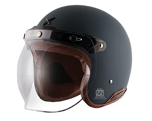 Image of Axor Retro Jet Leather ISI Dot Certified Lightweight Open Face Helmet for Men and Women with Clear Bubble Visor Dull Slate(L)