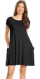 Simlu Womens Black Tunic Dress with Short Sleeves, Tshirt Dress with Pockets Black Small
