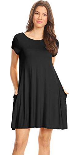 Simlu Womens Black Tunic Dress with Short Sleeves, Tshirt Dress with Pockets Black Small