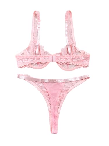 Image of Lilosy Sexy Floral Lace Scallop Underwire Push Up Sheer Lingerie Set Outfits