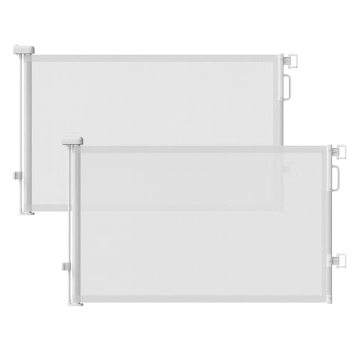 Image of Retractable Baby Gates 2 Pack, 55 inch Wide Mesh Dog Gate Indoor | 34 inch Tall Gate for Stairs Doorways Hallways Deck, Child Pet Safety Gate for Indoor Outdoor Home Use, White