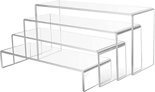4 Pcs Large Acrylic Risers, Clear Rectangular 4" Wide Tiered Display Stand, Tabletop Display Riser Shelf for Collectibles Jewelry Funko Pop Figures Toys Cupcake Dessert Decorations