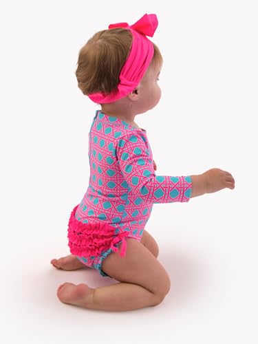 Image of RuffleButts Baby Girls UPF 50+ Sun Protection Floral Printed Long Sleeve One Piece Rash Guard Swimsuit with Zipper