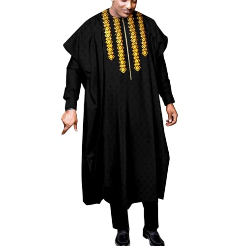 African Suits for Men Embroidery Agbada Robe Shirts and Pants Set Formal Outfits for Wedding Zip Jacket