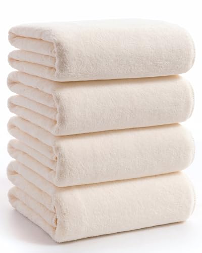 sakano バスタオル 瞬間吸水 マイクロファイバー ホテル仕様 大判 【約70*140cm 4色4枚セット クリームホワイト】 強い吸水速乾 ふわふわ 肌触り お風呂上がり耐久性 エステ バス用品