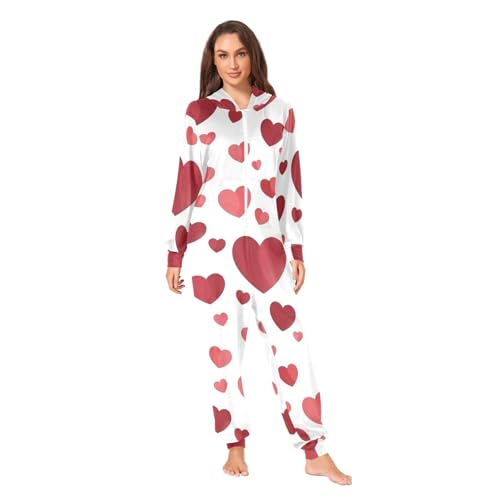 Combinaison pyjama à capuche pour adulte avec poche zippée blanche et motifs cœurs rouges