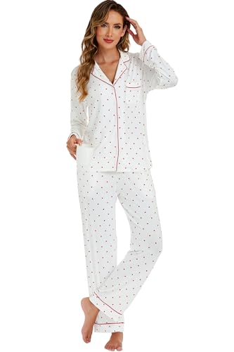 Image of LUBOT Womens Bamboo Viscose Pajamas Set 2 Piece PJs Set for Women Buttery Soft Button-Down Long Sleeve Cozy Printed Sleepwear Loungewear (Red Heart, S)