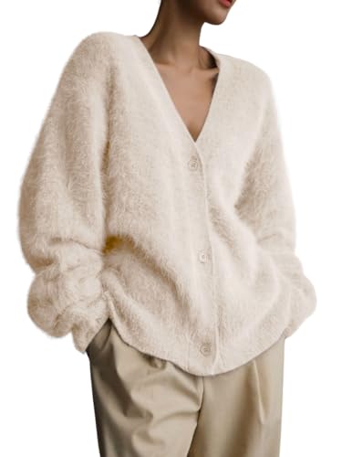 Image of chouyatou Women Furry Open Front Cardigan V-Neck Loose Casual Fluffy Knit Button Down Sweater Coat
