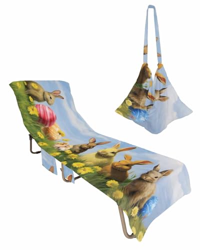 Easter Bunny Beach Lounge Chair Towel Cover, Soft Chaise Lounge Towel with Side Pockets Patio Pool Chairs Cover for Beach/Pool Sunbathing 29x85 Watercolor Spring Floral Yellow Green Botanical