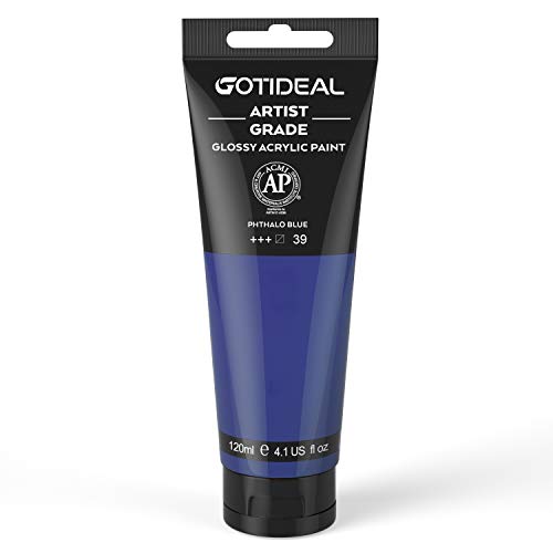 Image of GOTIDEAL Acrylic Paint Phthalo Blue Tubes(120ml, 4.1 oz) Non Toxic Non Fading,Rich Pigments for Painters, Adults & Kids, Ideal for Canvas Wood Clay Fabric Ceramic Craft Supplies (Phthalo Blue)