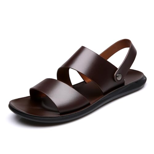 Image of BOTRENT Men’s Casual Leather Slip On Flat Sandals Round Open Toe Adjustable Back Strap Lightweight Non Slip Summer Sandals for Outdoor Beach Daily (Brown,12)