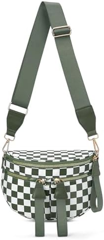 Lushandy Bum Bags For Women Nylon Checkered Crossbody Bag Large Belt Bag Mom Diaper Bag Checkered Crossbody Purse For Travel