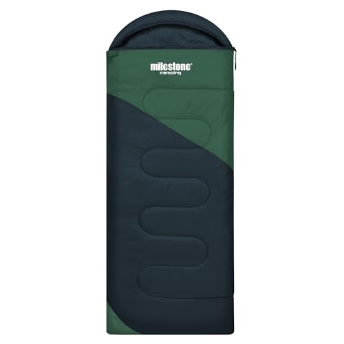 Milestone Hooded Sleeping Bag / 3 Season Single Envelope Style / 250gsm Water Resistant with Carry Sack for Camping Outdoors / 220 x 80cm