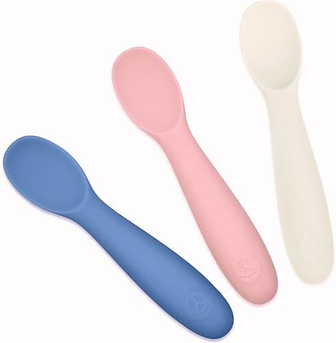 WeeSprout Baby Spoons for Self Feeding 6 Months +, Soft & Durable Silicone Utensils for Sensitive Gums & Teeth, Easy Grip Handles & Shorter Length for Little Hands, 3 Pack + Carrying Case