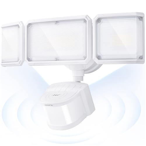 LEPOWER-TEC Zero Blind Spots Outdoor Security Light with 240° & 100ft Dual PIR Motion Sensor, 7000LM Adjustable Flood Light Brightness for Garage Driveway, Dusk to Dawn, IP65, Easy Hardwired Install