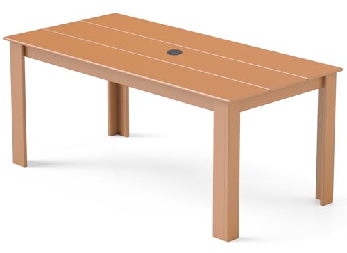 Image of GREENVINES Outdoor Dining Table | 67'' | HDPE | Rectangle Tables for 6 | All-Weather | Umbrella Hole | Patio Furniture | for Poolside Backyard Garden | Teak