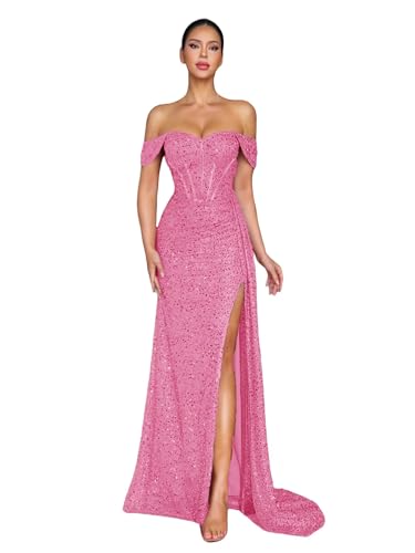 Bekvamlighet Off Shoulder Sequin Prom Dresses with Slit 2025 Women's Long Sheath Formal Evening Dress Party Gown