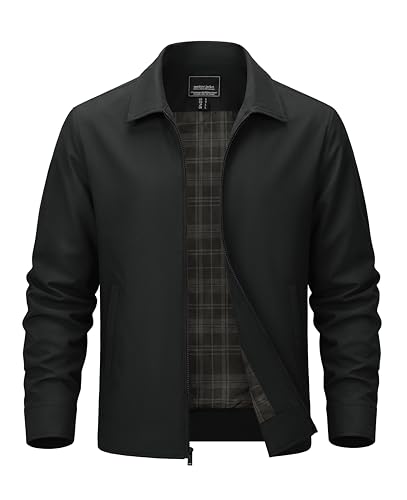 TACVASEN Light Jackets for Men Spring Fall Windbreaker Jacket Golf Business Full Zip Work Coat with Pocket Black XL