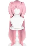 Half and Half Mado-ka Cosplay Wig 37.4'' Long Pink Anime Ponytail Wig with Bangs Dark Pink Twin Tails Pigtails Wigs for Women Halloween Party Costumes